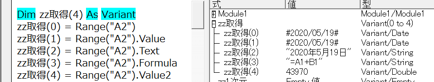 同じセルを違うプロパティで取得した状態